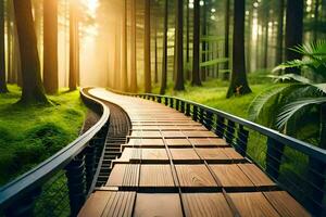 un' di legno sentiero nel il foresta con sole splendente. ai-generato foto