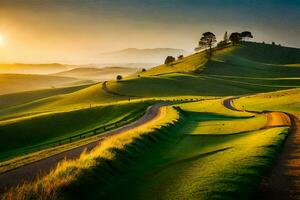 il sole sorge al di sopra di il rotolamento colline di il nuovo Zelanda campagna. ai-generato foto