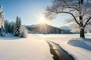 un' nevoso paesaggio con un' ruscello e alberi. ai-generato foto