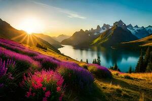 il sole sorge al di sopra di un' lago e viola fiori nel il montagne. ai-generato foto