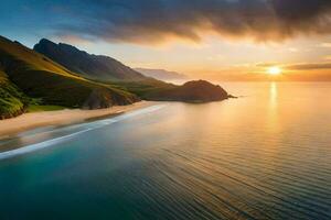 il sole imposta al di sopra di il oceano e montagne nel Questo bellissimo foto. ai-generato foto
