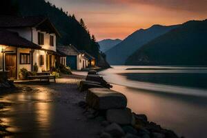 un' Casa su il riva di un' lago a tramonto. ai-generato foto