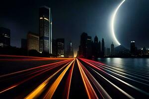 un' città a notte con un' Luna nel il cielo. ai-generato foto