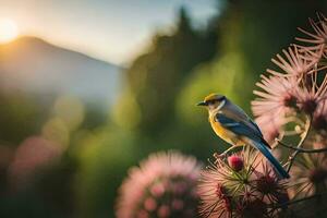 un' uccello si siede su un' fiore nel il sole. ai-generato foto