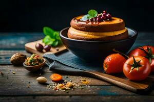 un' piatto di cibo con pomodori, olive e spezie. ai-generato foto