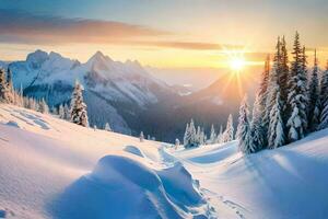 foto sfondo il cielo, neve, alberi, montagne, sole, il montagne, il sole,. ai-generato