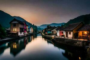 un' canale nel il mezzo di un' villaggio a tramonto. ai-generato foto