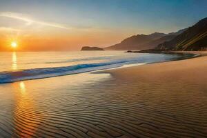il sole sorge al di sopra di il oceano e il sabbia su il spiaggia. ai-generato foto