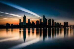 il città orizzonte a tramonto con un' Jet sentiero. ai-generato foto