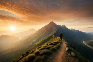 un' uomo in piedi su un' montagna superiore a tramonto. ai-generato foto