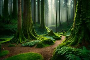 un' sentiero attraverso un' foresta con muschioso alberi. ai-generato foto