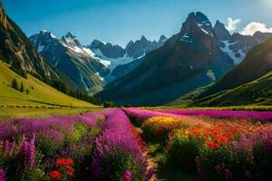 un' campo di fiori e montagne nel il sfondo. ai-generato foto