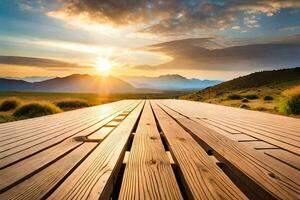 un' di legno passerella nel il mezzo di un' campo con il sole ambientazione. ai-generato foto