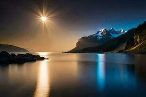 un' pieno Luna brilla al di sopra di un' montagna gamma e lago. ai-generato foto