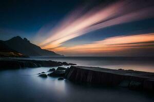 un' lungo esposizione fotografia di il tramonto al di sopra di il oceano. ai-generato foto