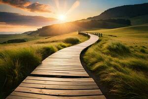 un' di legno sentiero conduce per il tramonto nel il montagne. ai-generato foto