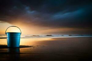 un' secchio su il spiaggia a tramonto. ai-generato foto