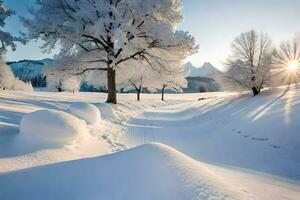 neve coperto alberi e il sole splendente nel il sfondo. ai-generato foto