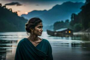 un' donna nel un' blu vestito sta su il riva di un' fiume. ai-generato foto