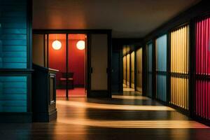 un' corridoio con colorato luci e un' porta. ai-generato foto