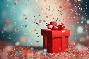 ai generato. rosso regalo scatola con un' arco e colorato coriandoli su festivo luccicante blu bokeh sfondo foto