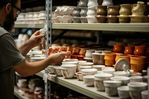 posteriore Visualizza di un' giovane uomo la scelta ceramica prodotti nel un' negozio. ai generato. professionista foto