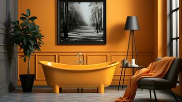moderno luminosa bagno interni con arte sfondo. ai generato. foto