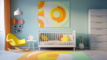 moderno luminosa bambini camera interni con arte carta da parati.ai generato. foto