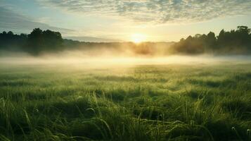 il sole sorge sopra il orizzonte, getto un' d'oro splendore al di sopra di rotolamento prati avvolto nel mattina nebbia. ai generativo foto