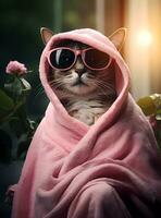 ai generato avvicinamento ritratto di carino gatto maniche su asciugamano con occhiali da sole su foto di tropicale giardino.