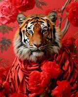 ai generato vicino su foto di tigre con sciarpa. copia spazio.