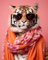 ai generato vicino su foto di tigre con sciarpa. copia spazio.