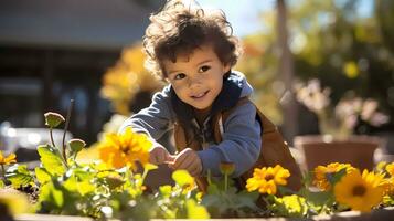 ai generato poco ragazzo giardinaggio con paesaggio pieno di fiori su caldo soleggiato giorno. famiglia attività. giardinaggio e agricoltura concetto foto