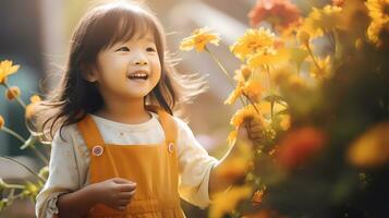 ai generato poco ragazza giardinaggio con paesaggio pieno di fiori su caldo soleggiato giorno. famiglia attività. giardinaggio e agricoltura concetto foto