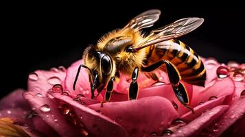 ai generato micro fotografia di un' ape su un' rosa rosa petalo con acqua goccioline foto