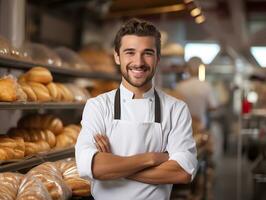 ai generato sorridente panettiere uomo in piedi con fresco pane a forno. soddisfatto panettiere con pane nel sfondo. copia spazio foto