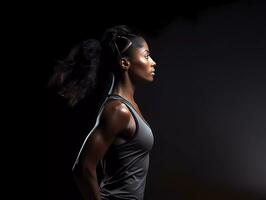 ai generato un' lato profilo e metà corpo fotografia di un' femmina in esecuzione atleta su nero sfondo. corridore concetto con copia spazio. foto