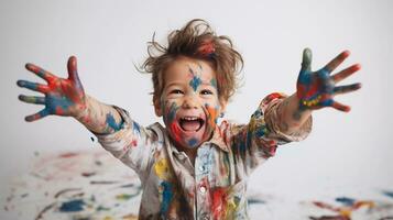 ai generato carino poco ragazzo ridendo insieme e avendo divertimento con vernici. dipinto nel pelle mani. bambino ritratto. creativo concetto. vicino su foto