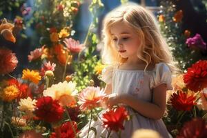 ai generato poco bionda ragazza nel all'aperto fiore giardino, con paesaggio pieno o fiori. luminosa e soleggiato giorno foto