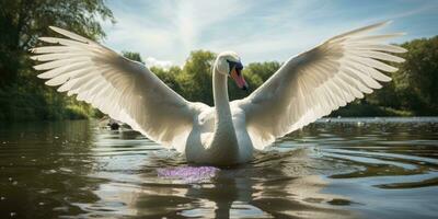 un' splendente bianca piumato cigno seduta su un' verde lago, ai generativo foto