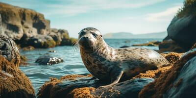 un' carino foca seduta su bellissimo roccia vicino oceano ai generativo foto