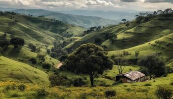 verde prato, montagna gamma, capanna, tranquillo scena generato di ai foto