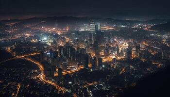 raggiante grattacieli illuminare il moderno città orizzonte generato di ai foto