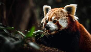 soffice rosso panda mangiare bambù nel foresta generato di ai foto