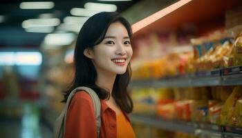 Asia donna delicato viso carino Sorridi guardare per telecamera ai generativo foto