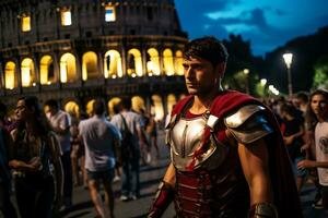 un' strada esecutore vestito come un' romano Gladiatore un' foto di un' corridore sprint attraverso un' città parco ai generativo