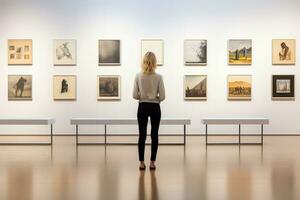 malinconico visitatore contemplando opera d'arte nel galleria isolato su un' pendenza sfondo foto