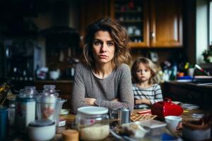 stressato singolo madre nel ingombra cucina sfondo con vuoto spazio per testo foto