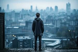 solitario adulto maschio nel grintoso paesaggio urbano sfondo con vuoto spazio per testo foto