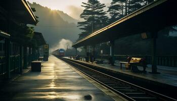 un' silenzioso treno stazione con un' fondale di montagne e pino alberi ai generativo foto